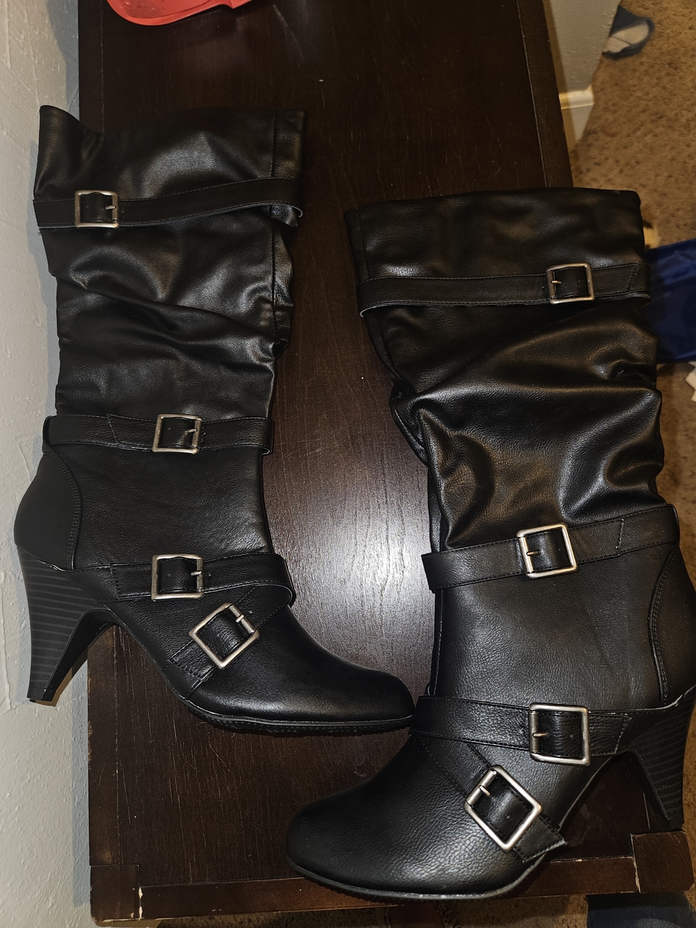 SM New York Black Mid-Calf Buckle Heeled Boots